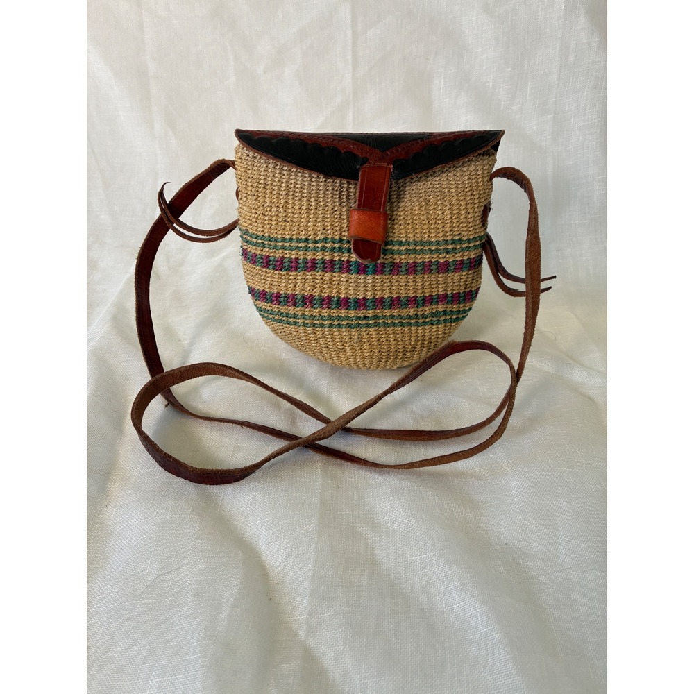 Vintage Kenyan Kiondo Sisal Crossbody Bag, Tooled Leather Flap, Boho Purse